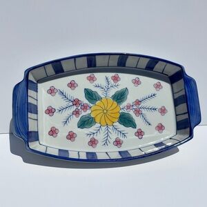 Vintage Stoneware Rectangle Serving Dish White Hand Painted Flowers Blue Stripes